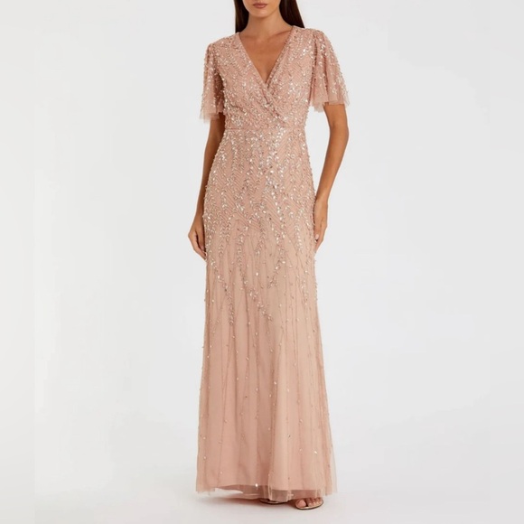Mac Duggal Pink Embellished Flutter Sleeve Gown Beaded Formal Evening Gown 20 - Picture 1 of 16
